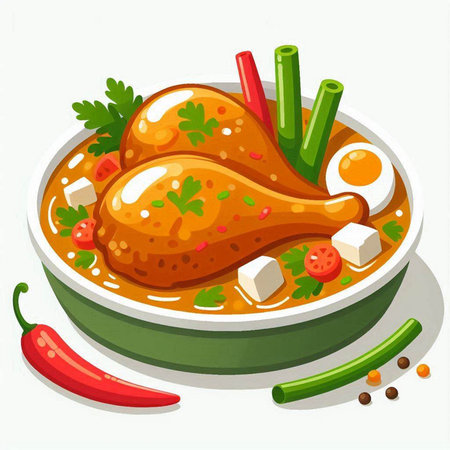 Illustration of a bowl of spicy chicken soup on a white backgroundのイラスト素材