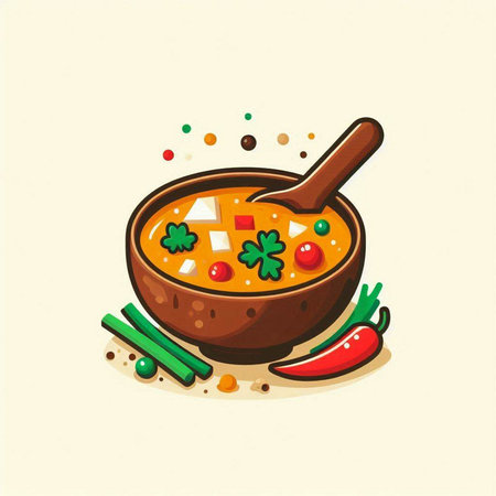 Vegetable soup in a wooden bowl with a spoon. Vector illustration.のイラスト素材