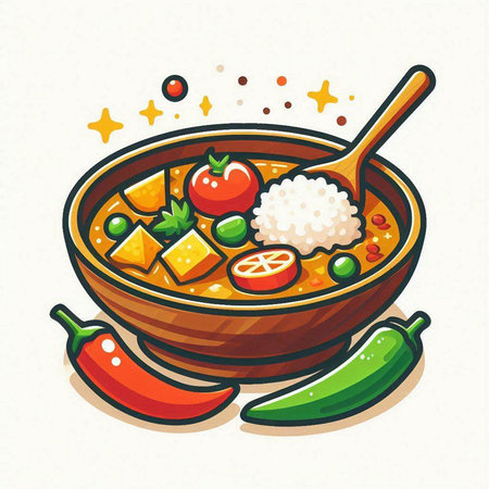 Illustration of a bowl of curry with rice, pepper and tomatoのイラスト素材