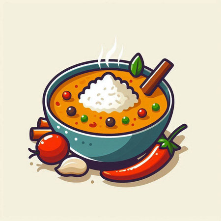 Curry soup in bowl with chilli and garlic, vector illustrationのイラスト素材