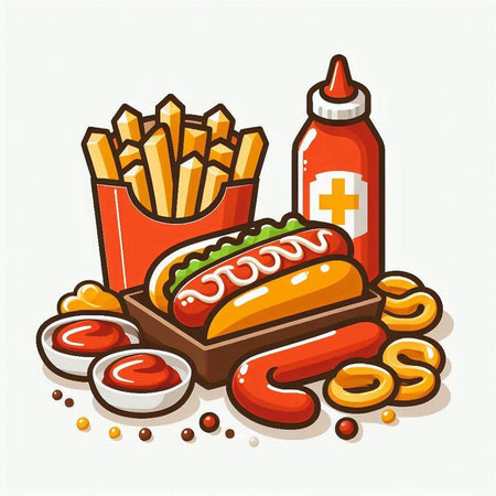 Hot dog with french fries and ketchup. Fast food vector illustration.のイラスト素材