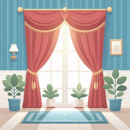 Illustration of a living room with a window, curtains and plantsのイラスト素材