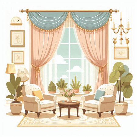 Living room interior with curtains, armchairs and plants. Vector illustration.のイラスト素材