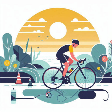 Cyclist riding bicycle on the river. Flat vector illustration.のイラスト素材