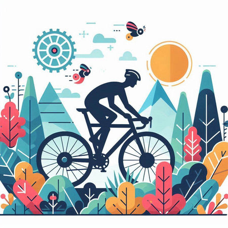 Cyclist in the park. Flat design vector illustration. Sport and active lifestyle concept.のイラスト素材