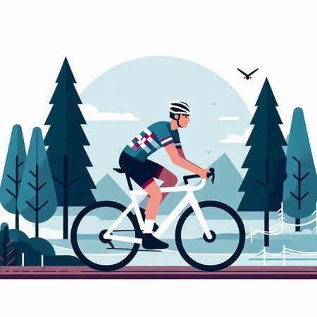 Cyclist riding bicycle in the forest. Flat style vector illustration.のイラスト素材