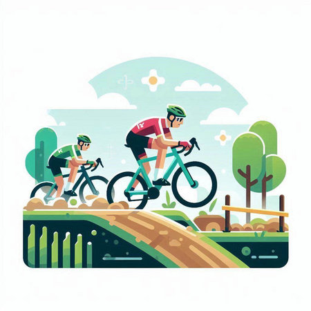 Cyclists in the park. Vector illustration in flat style.のイラスト素材