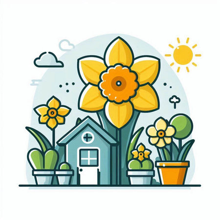 Flowering daffodils in pots. Spring concept. Flat vector illustration.のイラスト素材