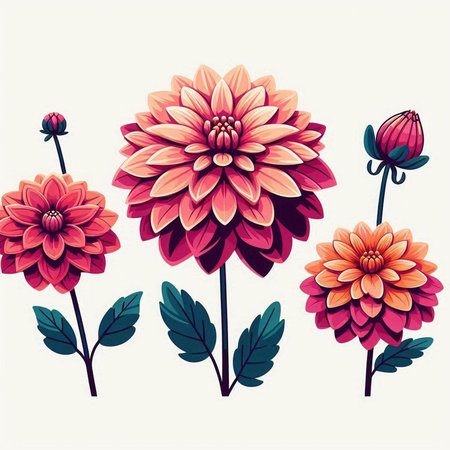 Dahlia flowers vector illustration. Hand drawn dahlia flowers.のイラスト素材