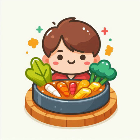 Boy eating vegetables in a plate. Vector illustration of a cartoon character.のイラスト素材