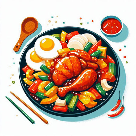 Asian food with chicken and vegetables in the bowl. Vector illustration.のイラスト素材