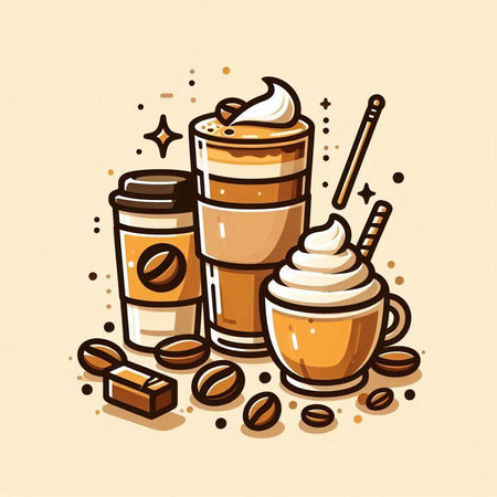 Coffee cup with whipped cream and coffee beans. Vector illustration.のイラスト素材