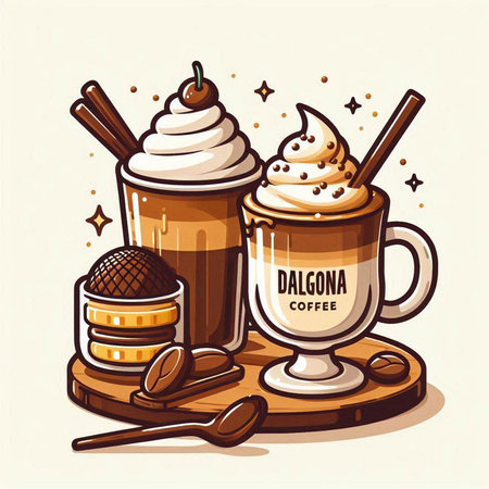 Illustration of a coffee cup with whipped cream, ice cream, waffle cone and cookiesのイラスト素材