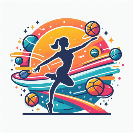 Girl playing basketball, vector illustration in flat style. Colorful abstract background with sport balls.のイラスト素材