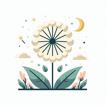 Dandelion flower with green leaves and moon. Flat vector illustration.のイラスト素材