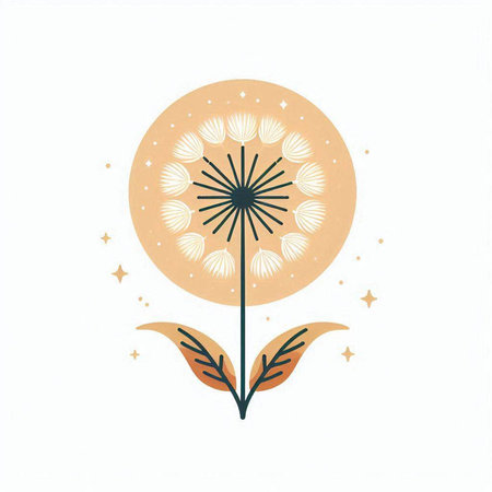Vector hand drawn illustration of dandelion flower with leaves and starsのイラスト素材