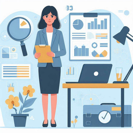 Business woman working in office. Vector illustration in flat cartoon style.のイラスト素材