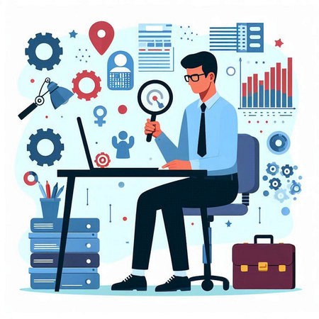 Businessman with magnifying glass sitting at desk in office and searching information. Flat vector illustration.のイラスト素材