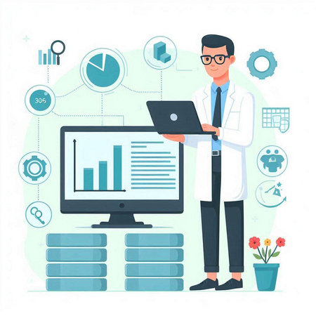 Male doctor in white coat and glasses standing near computer with laptop. Vector illustration.のイラスト素材