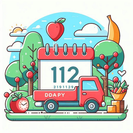 Vector illustration of first day of school year. Calendar with date of 12 january and red truck with apple in the park.のイラスト素材