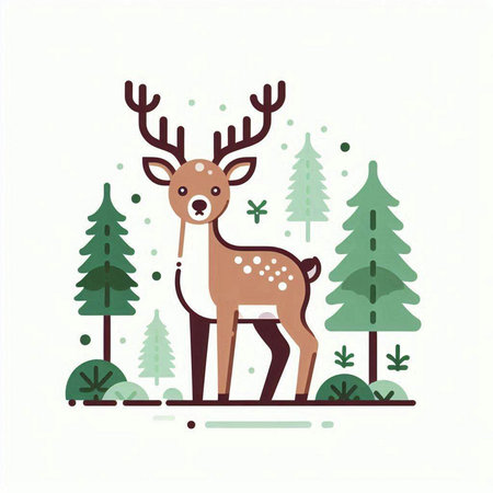 Cute deer in the forest. Vector illustration in flat style.のイラスト素材