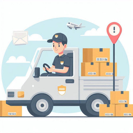 Delivery man in uniform driving a truck with boxes and parcels. Flat vector illustration.のイラスト素材