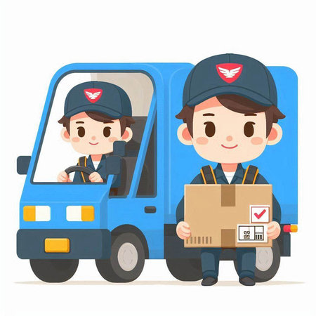 delivery man and worker in uniform with box and truck vector illustrationのイラスト素材