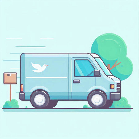 Delivery van with bird on the roof. Vector illustration in flat styleのイラスト素材