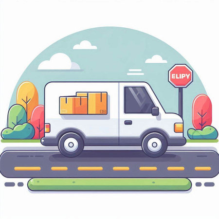 Delivery van with boxes on the road. Vector illustration in flat styleのイラスト素材