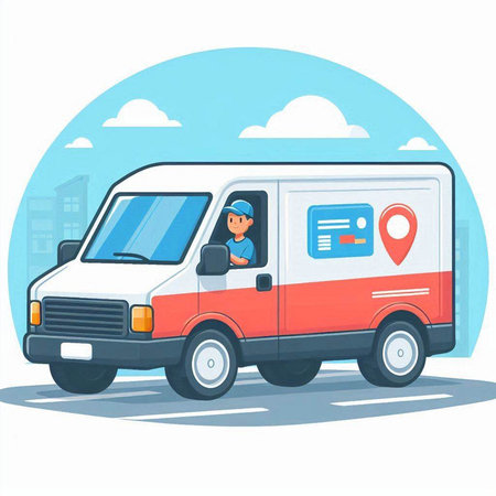 Vector illustration of a delivery van with a driver on the street.のイラスト素材