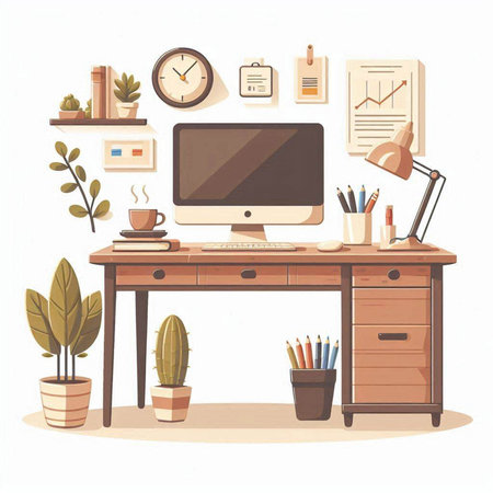 Office desk with computer, supplies and plants. Vector illustration in cartoon style.のイラスト素材
