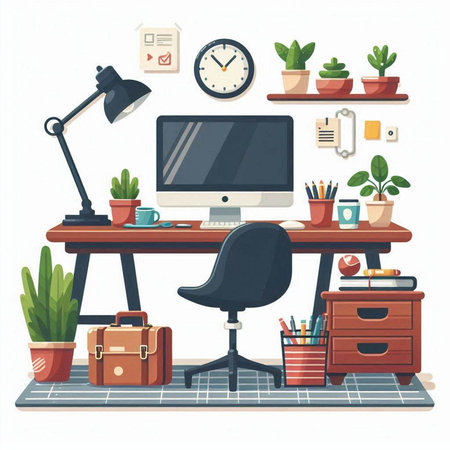 Office workplace. Workplace with computer and office supplies. Vector illustrationのイラスト素材