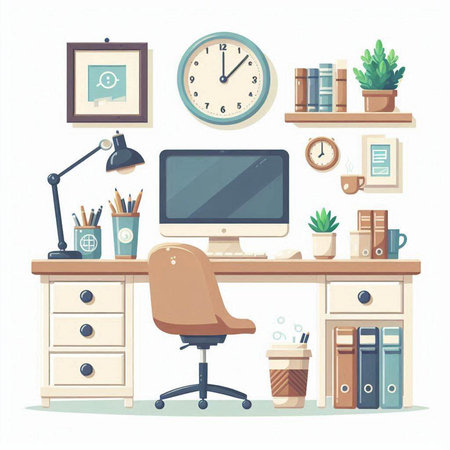 Office workplace. Workplace with computer, bookshelf, chair, coffee cup, stationery and clock. Vector illustrationのイラスト素材