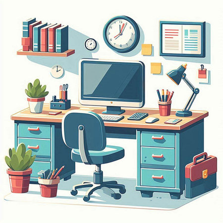 Vector illustration of an office desk with a computer, stationery and other items.のイラスト素材