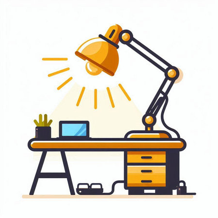Workplace with desk, lamp and computer. Flat vector illustration.のイラスト素材