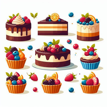 Set of different cakes with berries. Vector illustration in cartoon style.のイラスト素材