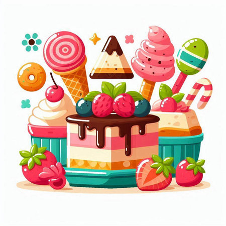 Cake vector illustration. Cakes with cream, strawberry, chocolate and ice cream.のイラスト素材