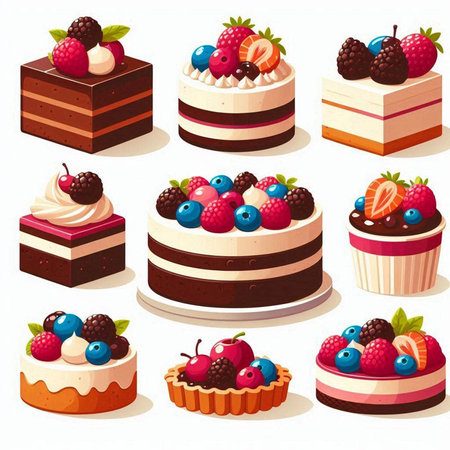 Set of sweet cakes with berries and whipped cream. Vector illustration.のイラスト素材