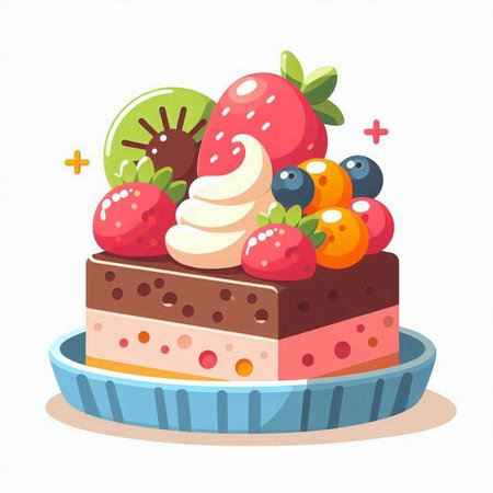 Vector illustration of a piece of cake with strawberries and blueberries.のイラスト素材