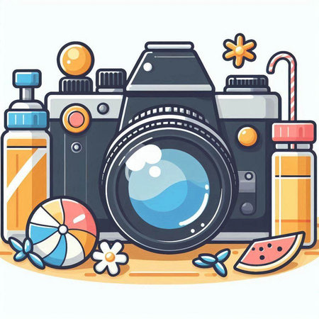 Vector illustration of a camera with a set of things for summer vacationのイラスト素材