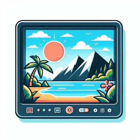 Vector illustration of a cartoon monitor with a tropical landscape on the screenのイラスト素材
