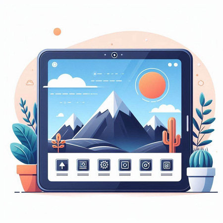 Tablet PC with mountains on screen. Vector illustration in flat styleのイラスト素材