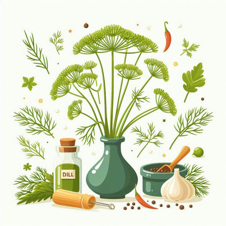 Herbs and spices in a glass vase. Vector illustration.のイラスト素材