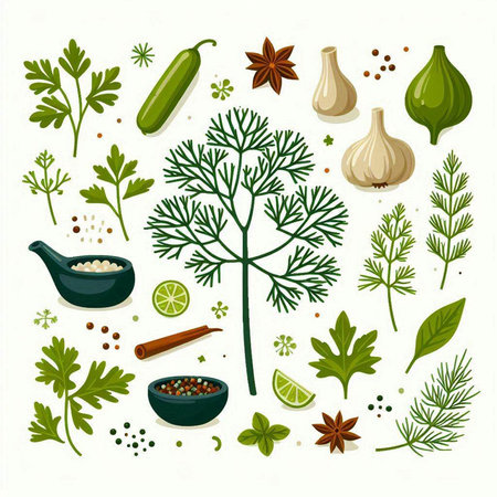 Dill, garlic, parsley, pepper, lime, spices and herbs. Vector illustrationのイラスト素材