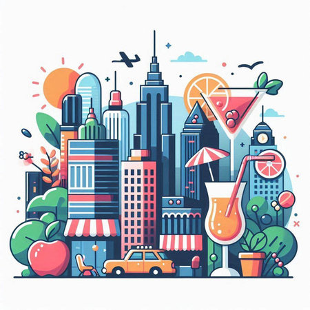 Vector illustration of modern cityscape with skyscrapers, buildings, fruits and cocktailsのイラスト素材