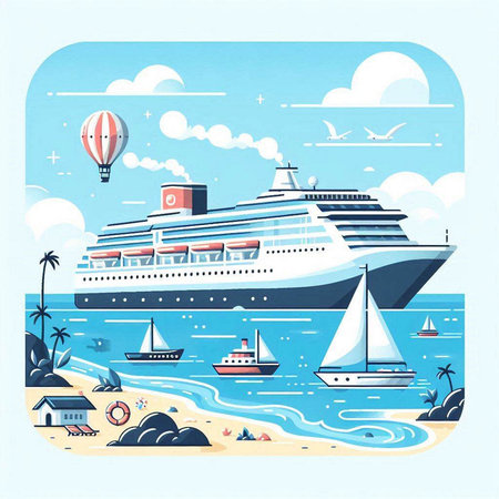Cruise ship on the beach. Vector illustration in flat style.のイラスト素材