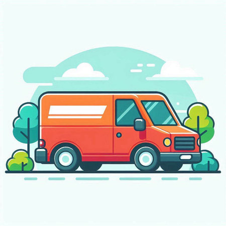 Vector illustration of red van with green trees. Flat style design.のイラスト素材