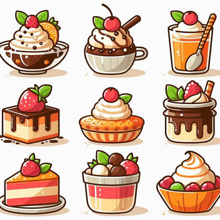 cartoon vector dessert icons set - strawberry, cherry, chocolate, ice creamのイラスト素材