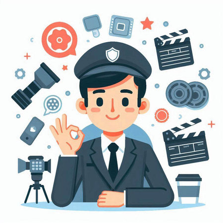 Policeman with a set of icons. Flat style vector illustration.のイラスト素材