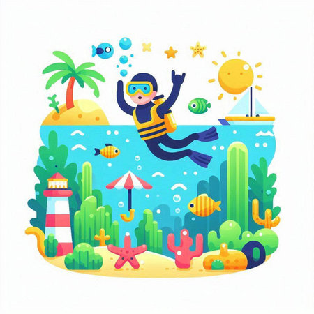Cute cartoon character diving in the sea. Flat vector illustration.のイラスト素材